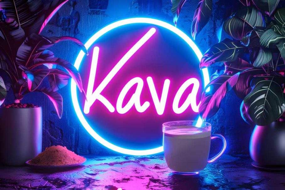 Neon Kava sign with a cup of kava